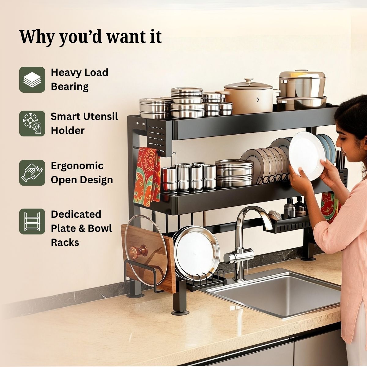 Stainless Steel Over-the-Sink Dish Rack & Bartan Stand | 65cm & 85cm | Multi-Compartment