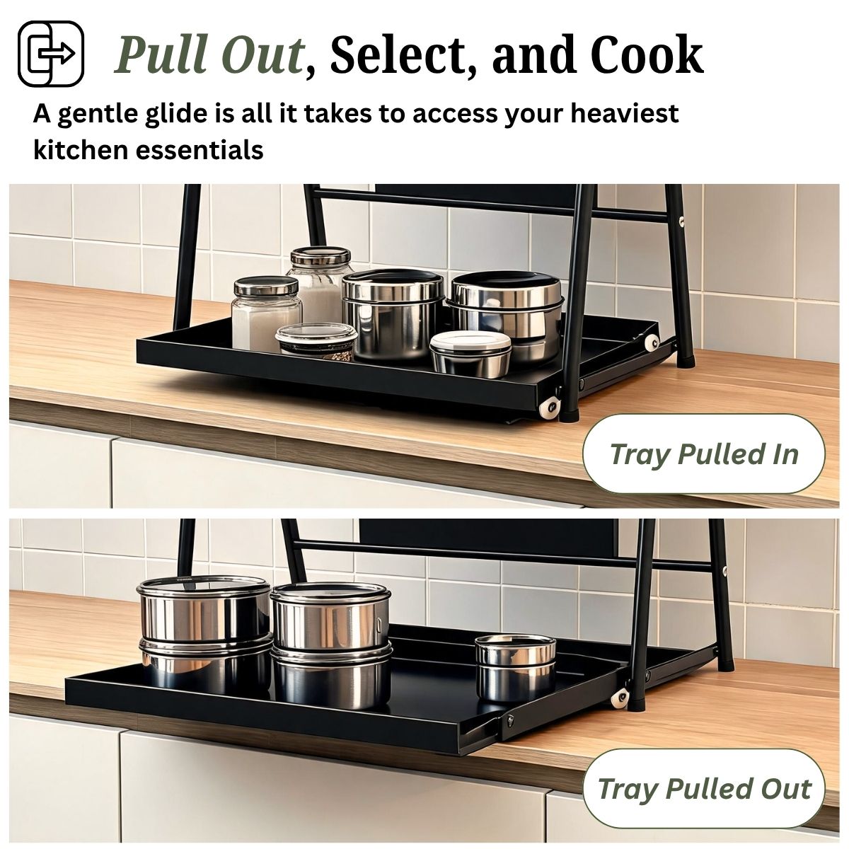 2-Tier Sliding Pull-Out Kitchen Storage Rack | Stainless Steel | Spices, Jars & Masala Organizer