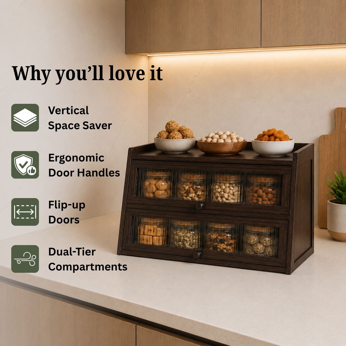 Bamboo Cabinet with Fluted Doors | Fits Under Wall Units | Spice & Cutlery Storage