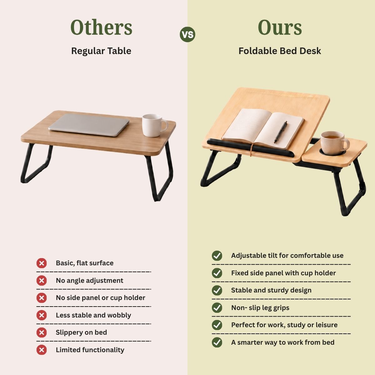 Foldable Bed Desk for Laptop & Kids Study – with Cup Holder & Tilting Tray