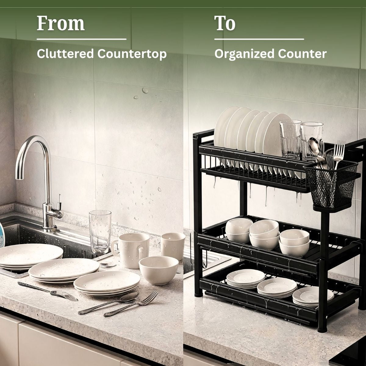 3-Tier Dish Drying Rack with 3 Removable Drip Trays & Utensil Basket | Black Powder-Coated Bartan Stand for Kitchen