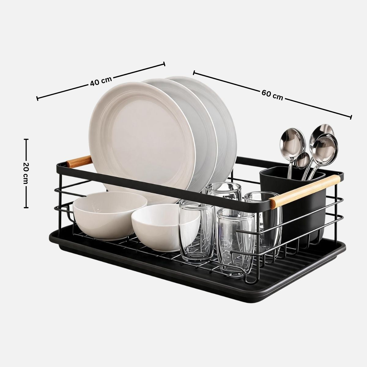 Black Steel Dish Drying Rack with Bamboo Handle