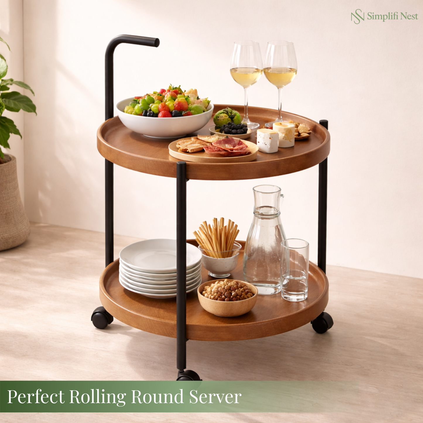 Premium 2-Tier Round Mobile Serving Trolley