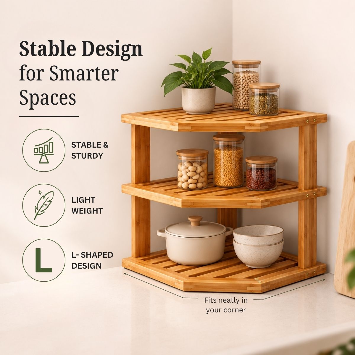 Bamboo 3-Tier Corner Rack (L-Shape) | Countertop Spice & Masala Dabba Organizer