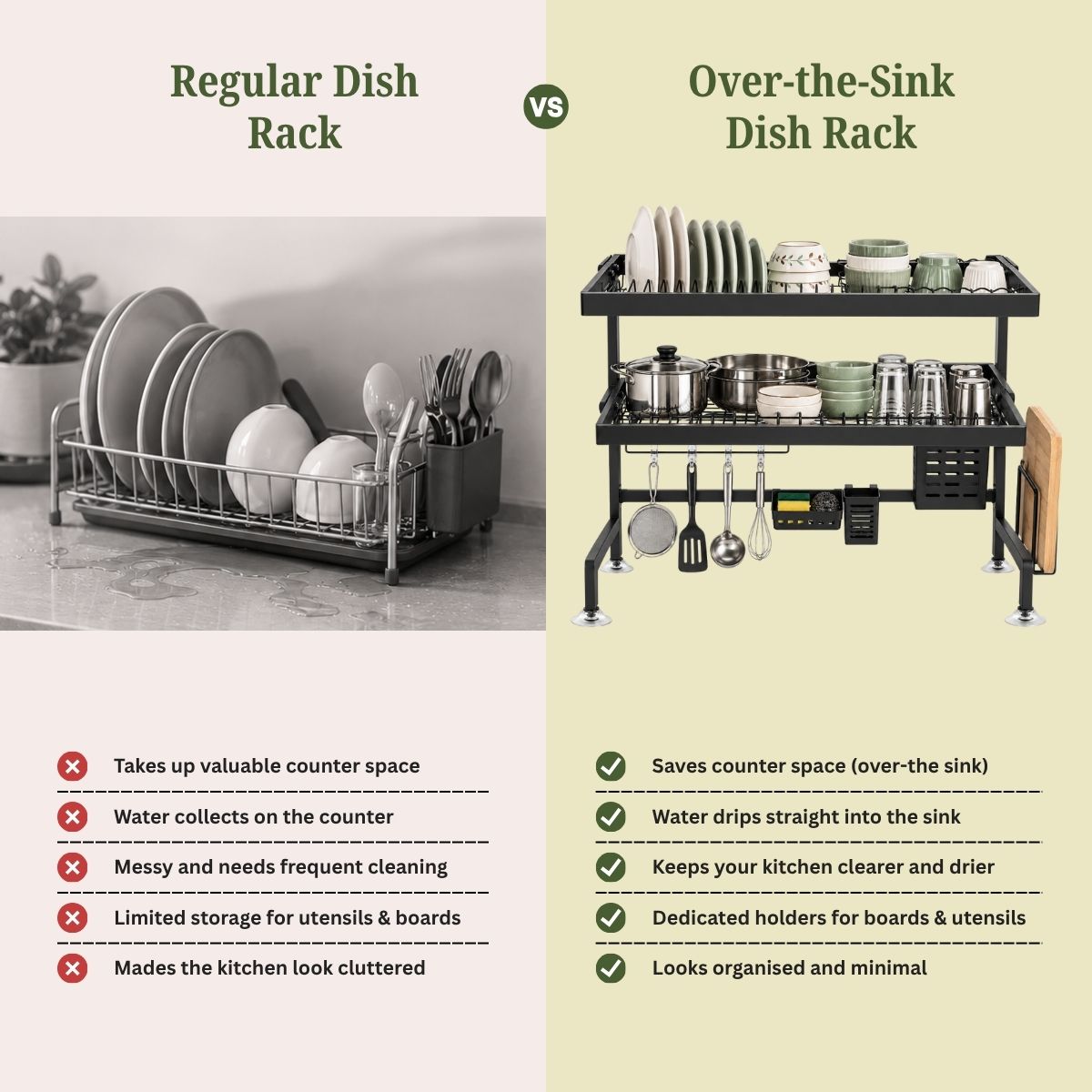Stainless Steel Over-the-Sink Dish Rack & Bartan Stand | 65cm & 85cm | Multi-Compartment