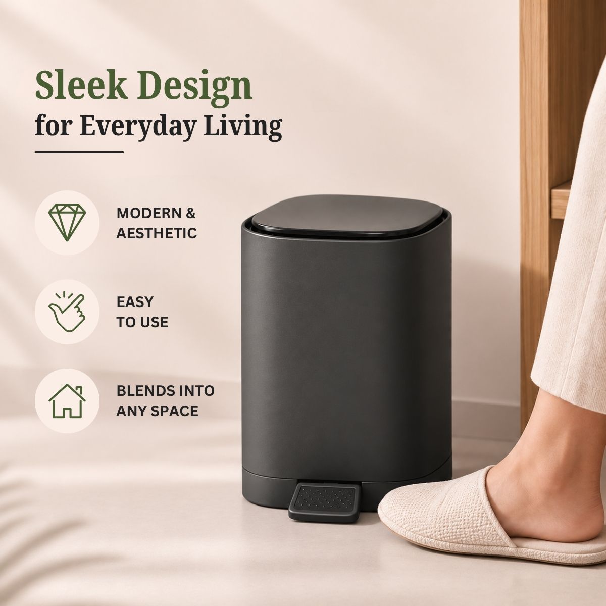 5L Matte Finish Dustbin with Removable Inner Bucket | Bathroom, Bedroom & Office