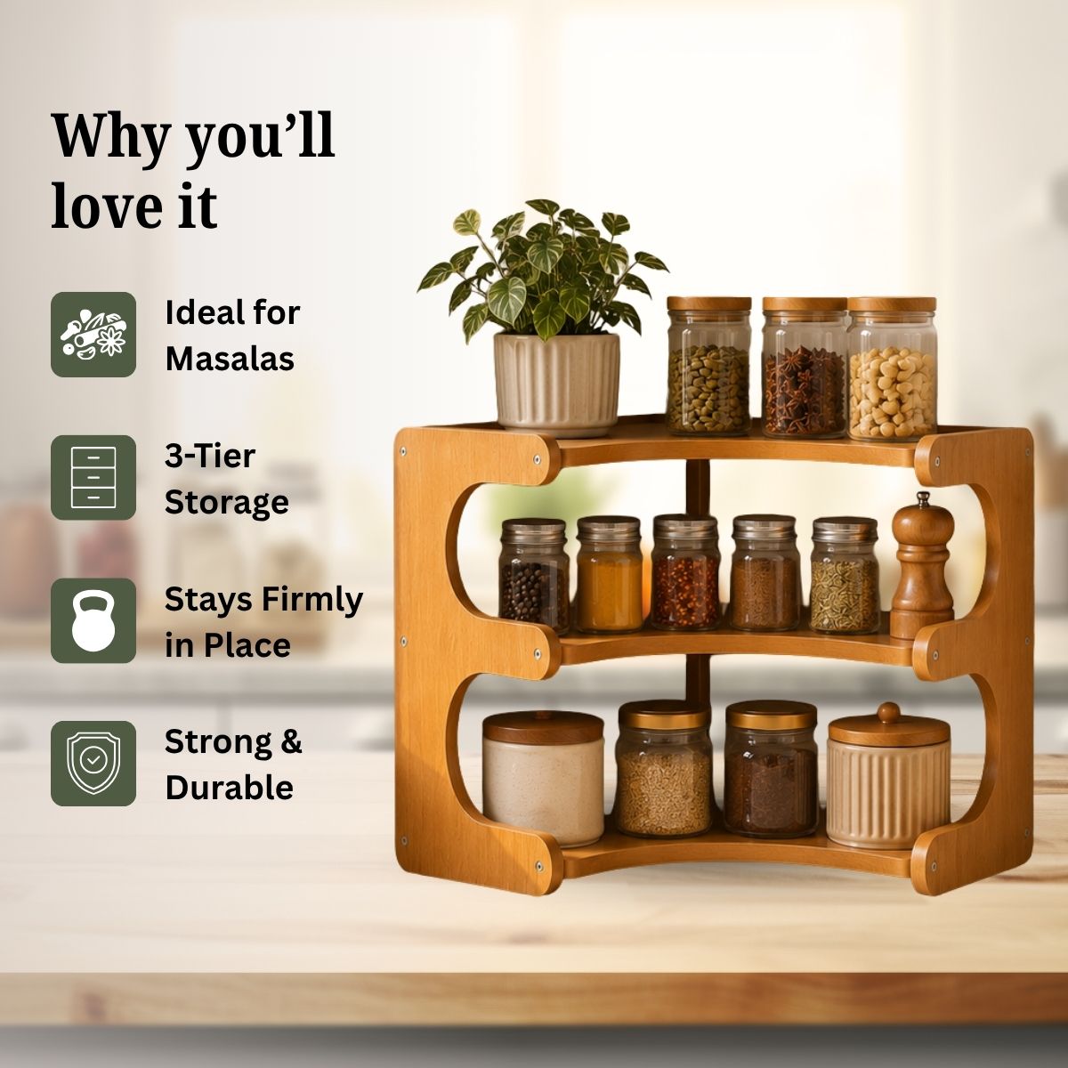 Bamboo 3-Tier & 2-Tier Corner Kitchen Rack | L-Shape Multi-Tier Organizer for Indian Kitchens