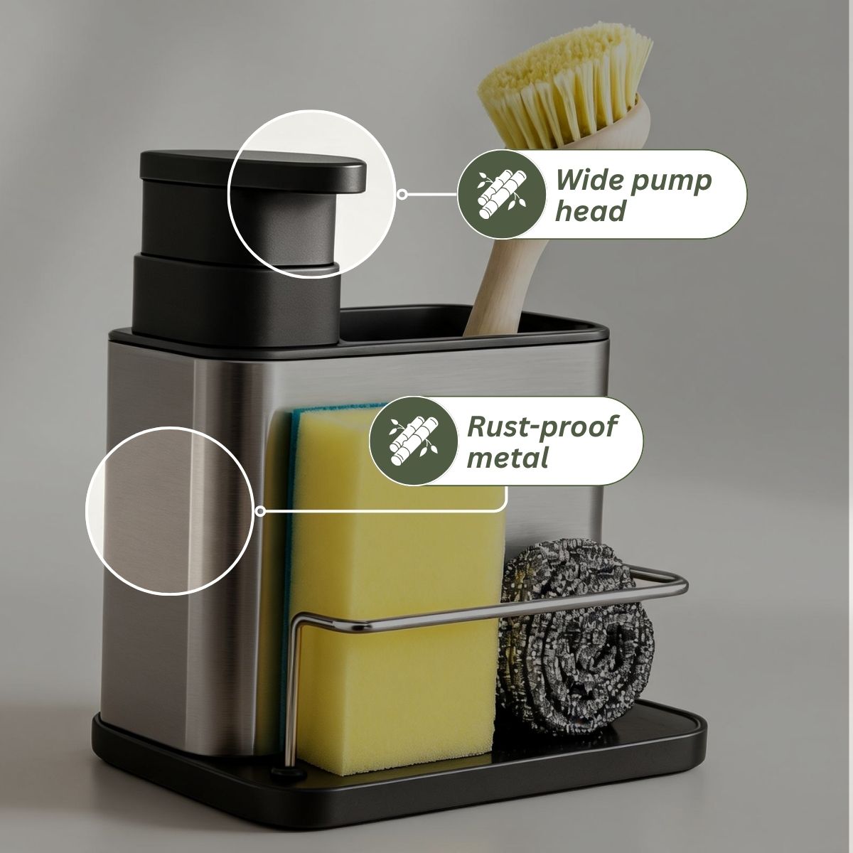 Dish Soap Dispenser with Sponge Holder & Tray