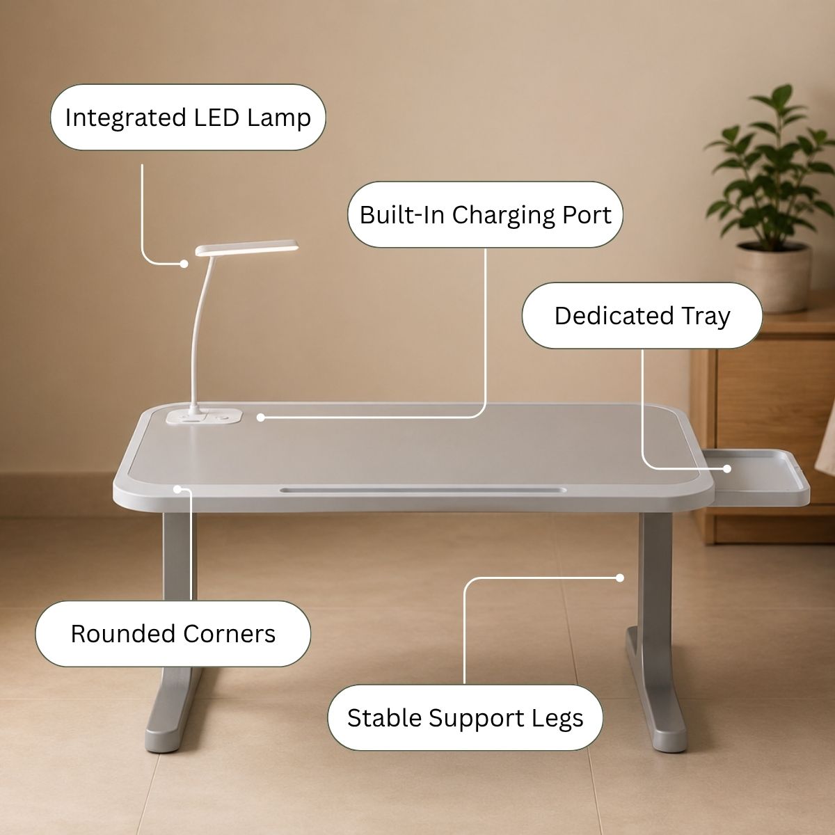 Portable Laptop Bed Station with LED Lamp & Charging