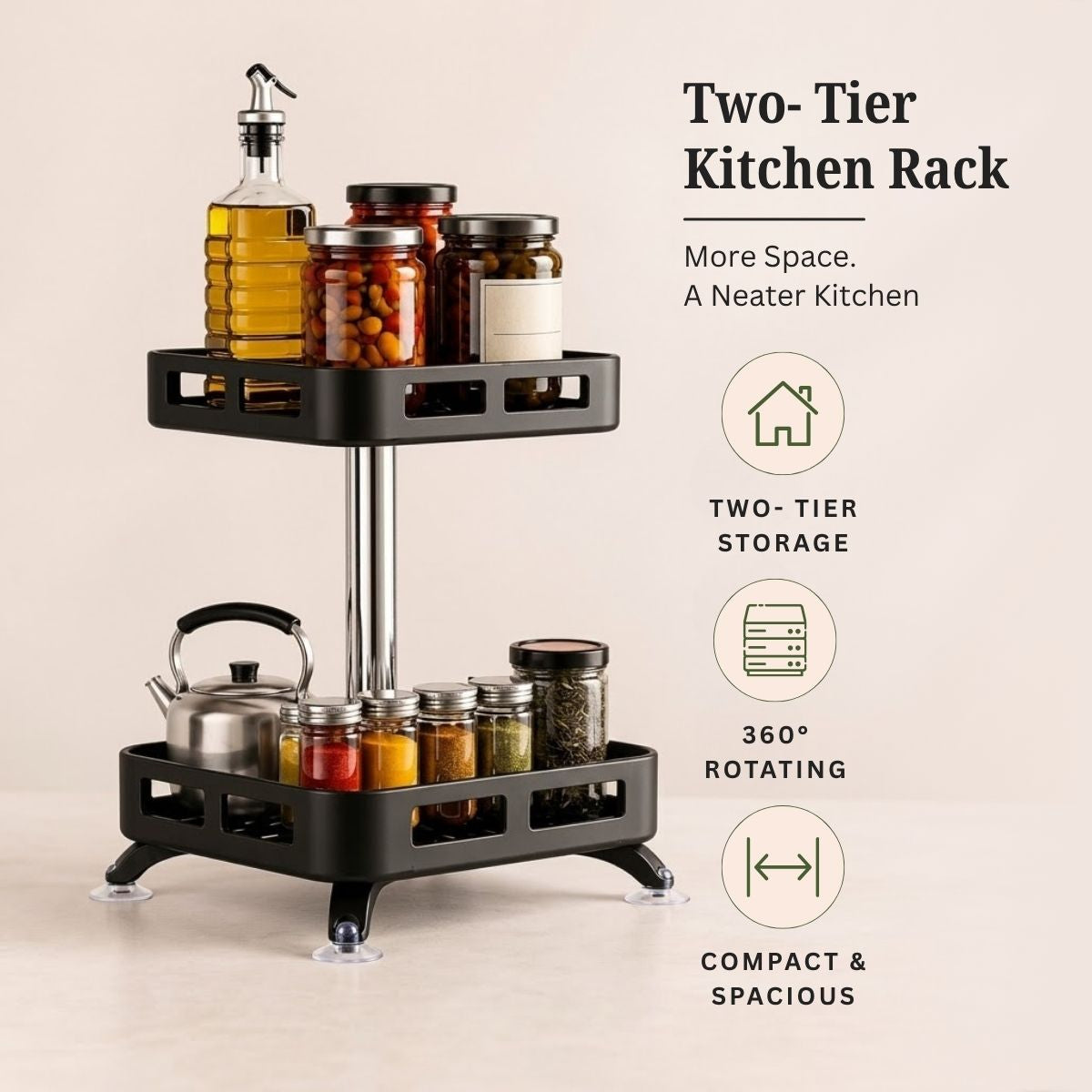2-Tier Rectangular 360° Rotating Kitchen Rack | Stainless Steel | Spices, Jars & Masala Organizer