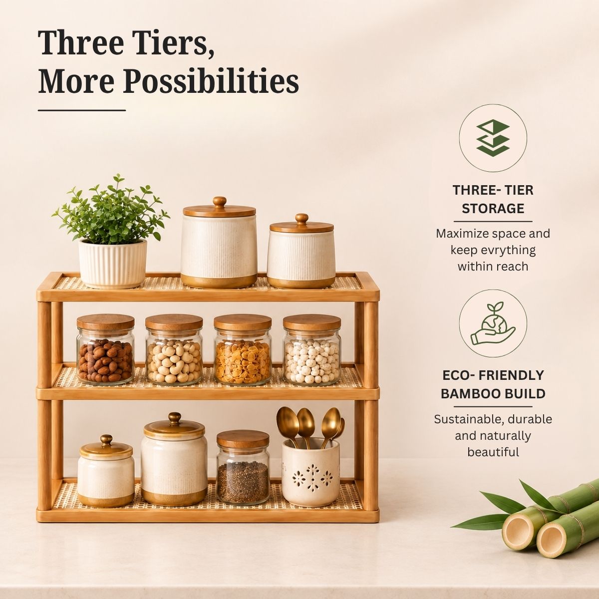 TriShelf Premium Bamboo Countertop Organizer Rack
