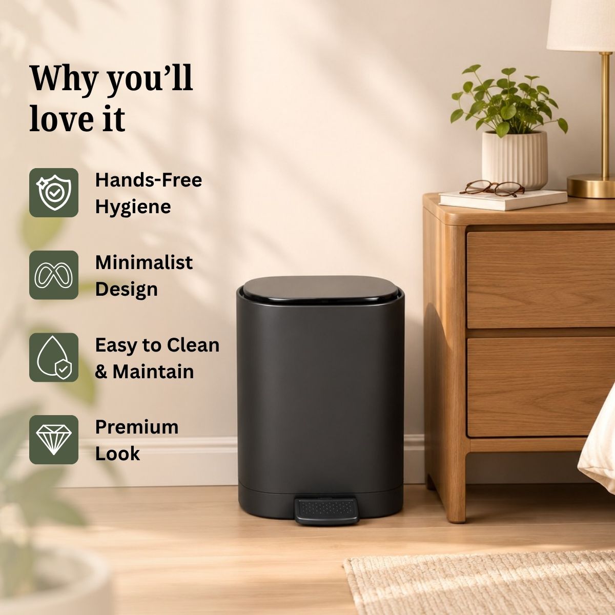5L Matte Finish Dustbin with Removable Inner Bucket | Bathroom, Bedroom & Office