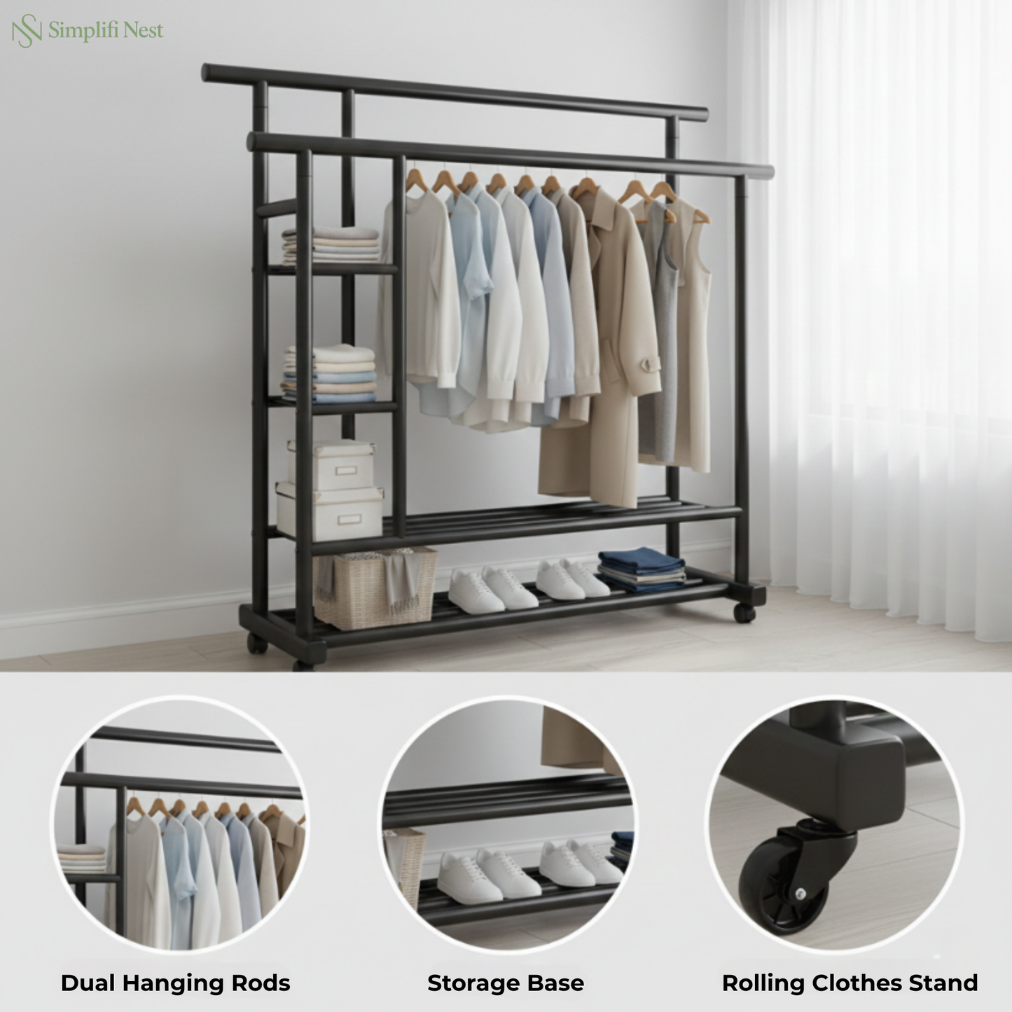 Premium Heavy Duty Double Clothing Rack with Storage Sections