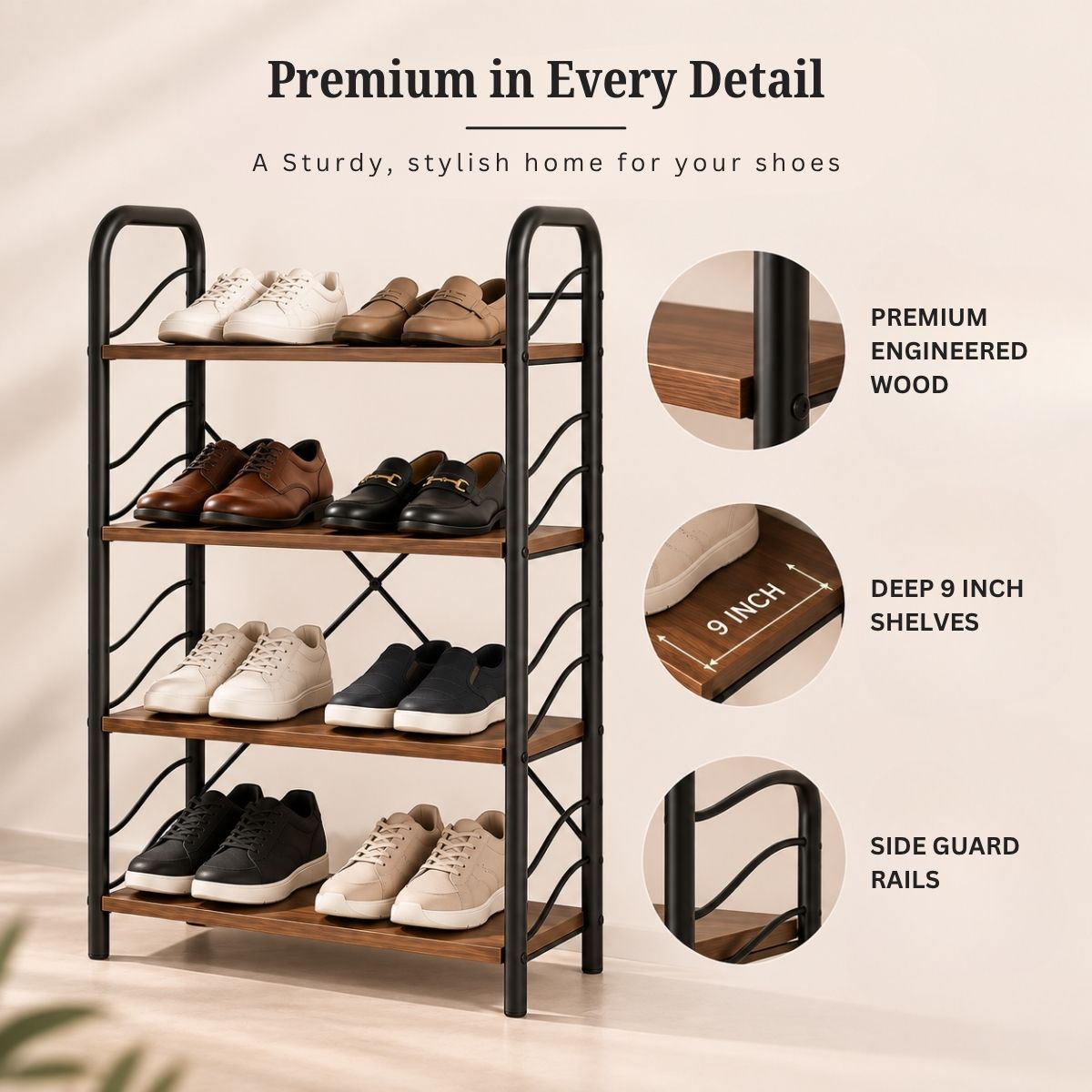 4-Tier Shoe Rack with Open Shelves | Wood & Metal Storage Organizer