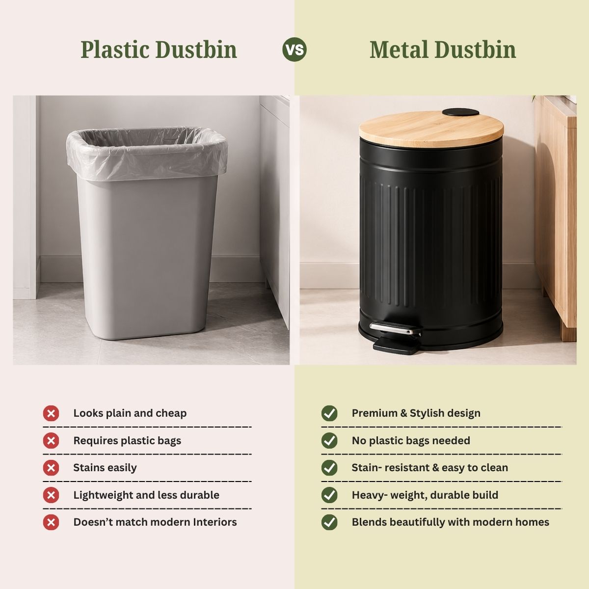 Metal Dustbin with Foot Pedal & Removable Bucket | Rust-Free Steel & Bamboo | 5L