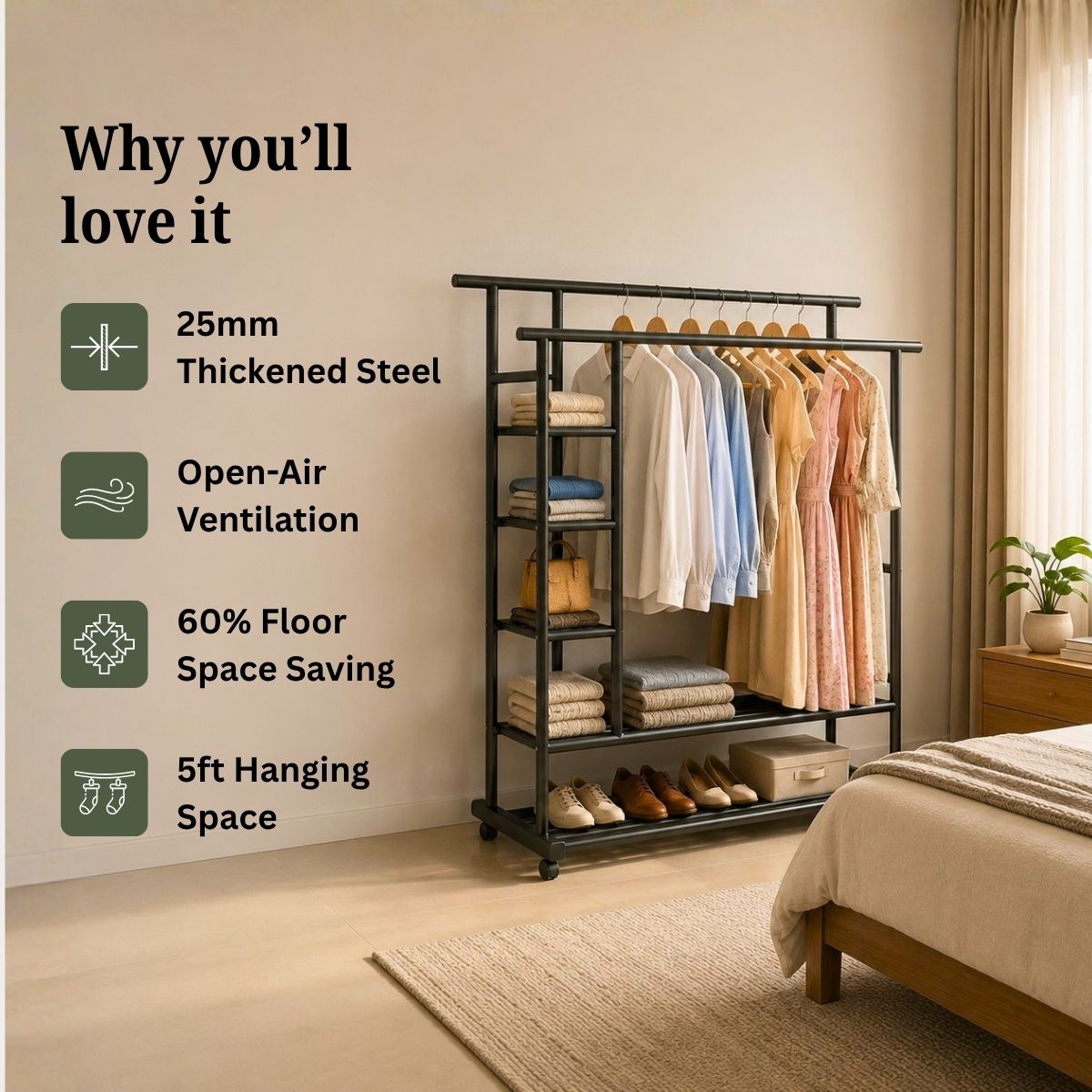 Premium Heavy Duty Double Clothing Rack with Storage Sections