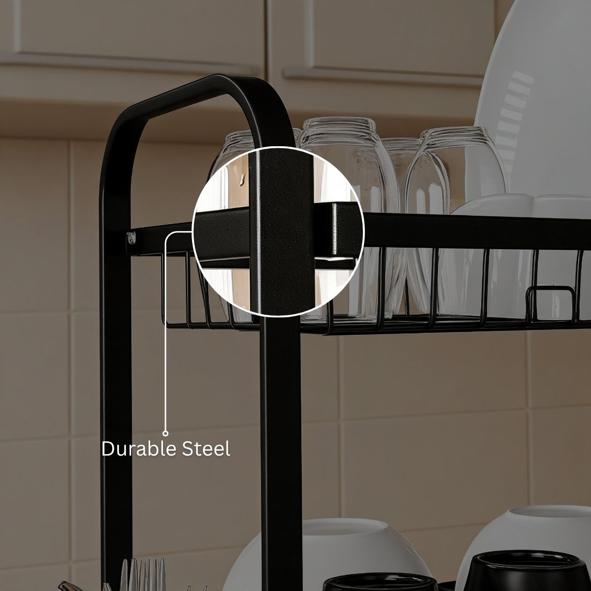 3-Tier Steel Dish Rack with Drip Tray - Black Matte | For Indian Kitchen Countertops