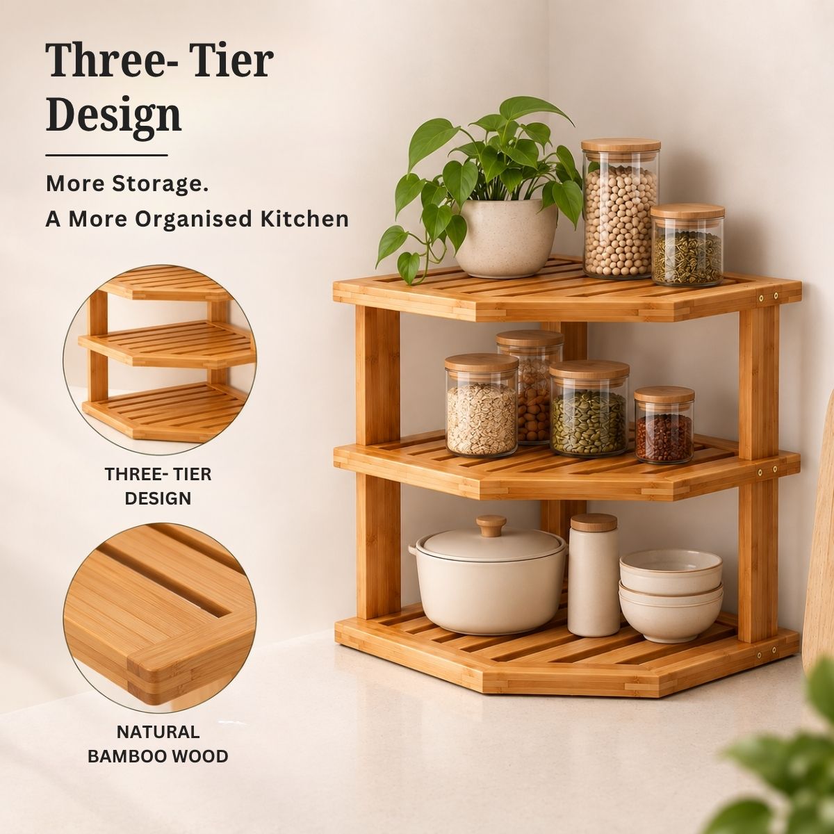 Bamboo 3-Tier Corner Rack (L-Shape) | Countertop Spice & Masala Dabba Organizer