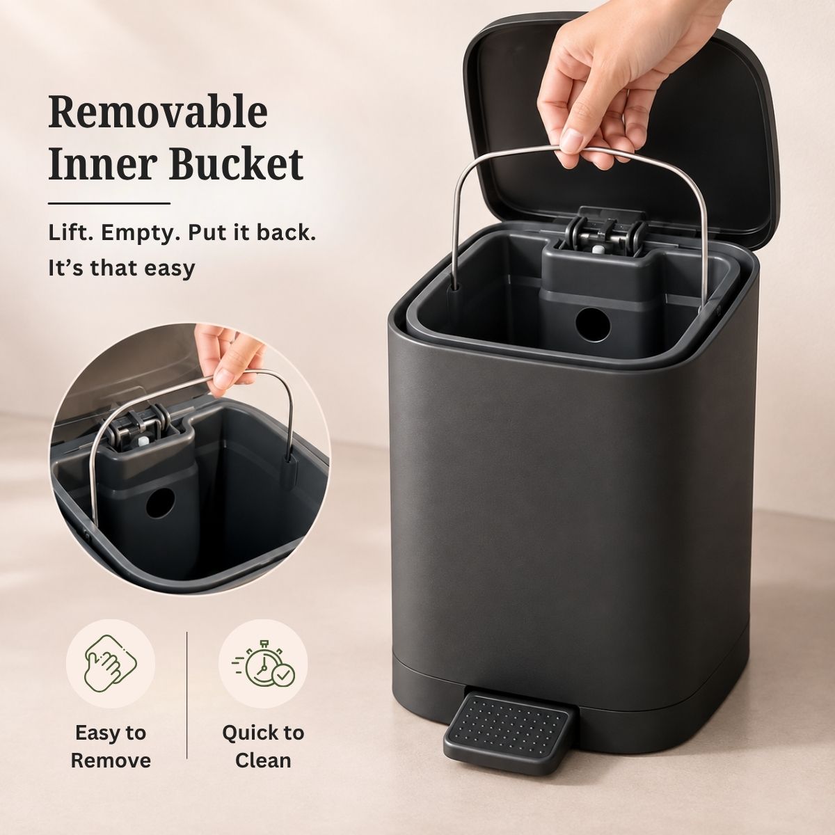 5L Matte Finish Dustbin with Removable Inner Bucket | Bathroom, Bedroom & Office