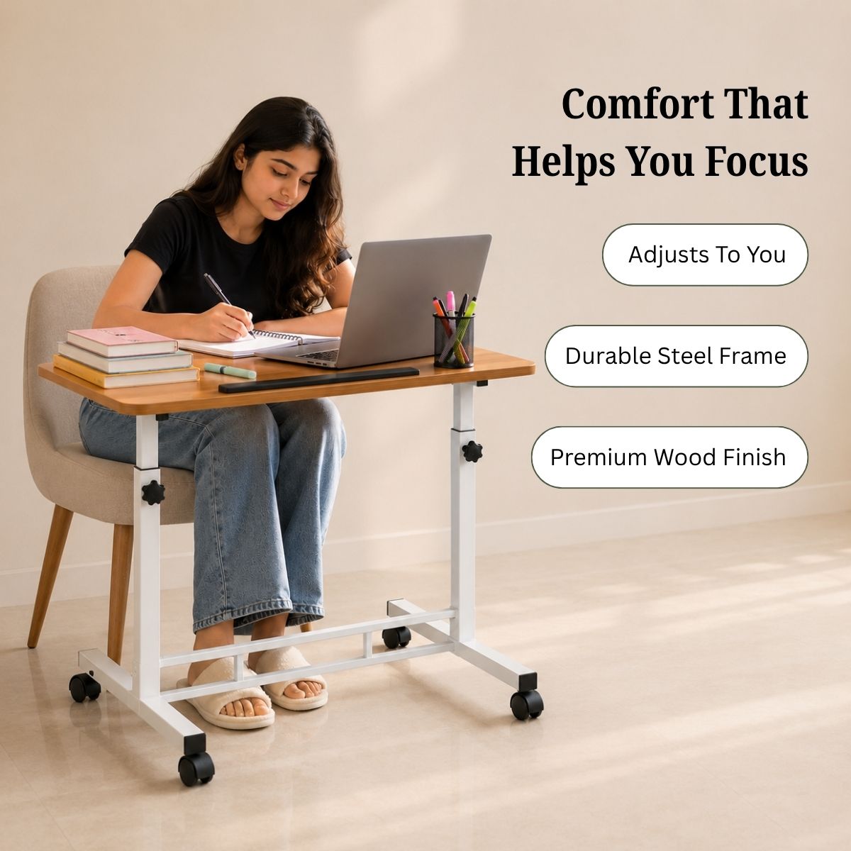 Adjustable Height Laptop Table & Standing Desk | 60–90cm | Wood + Iron