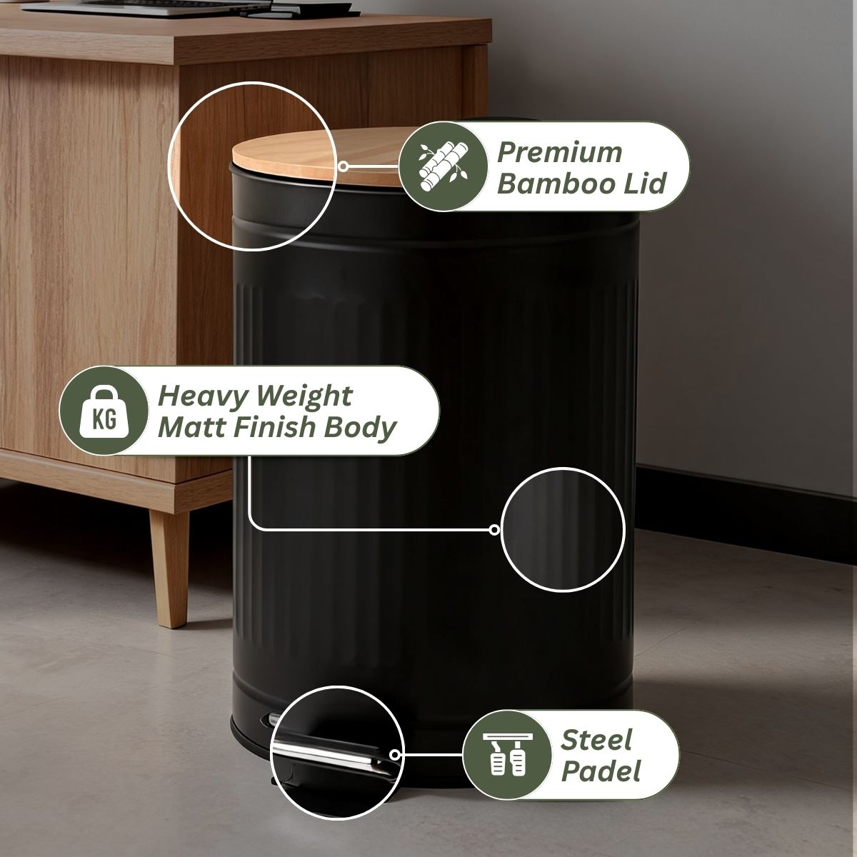 Metal Dustbin with Foot Pedal & Removable Bucket | Rust-Free Steel & Bamboo | 5L