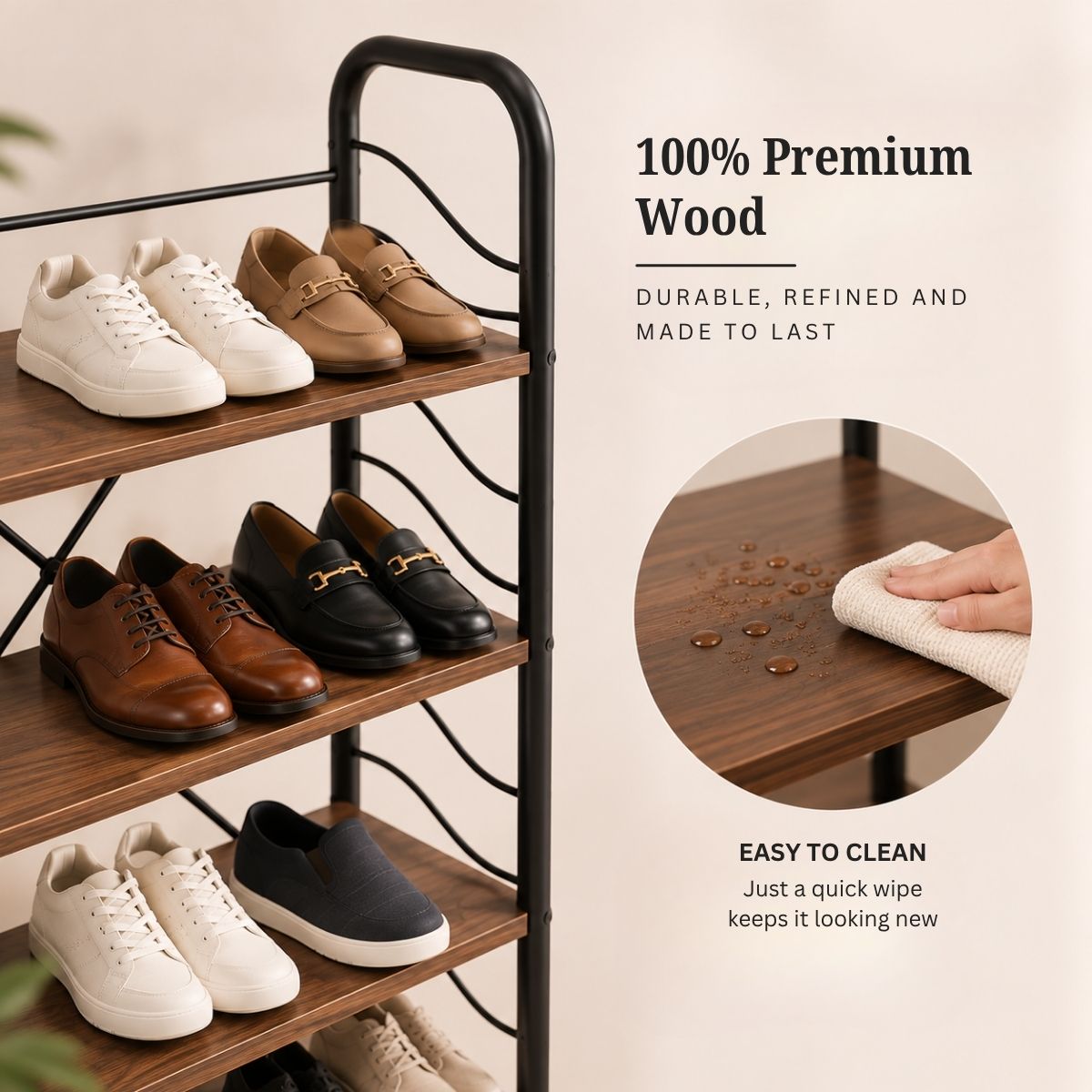 4-Tier Shoe Rack with Open Shelves | Wood & Metal Storage Organizer