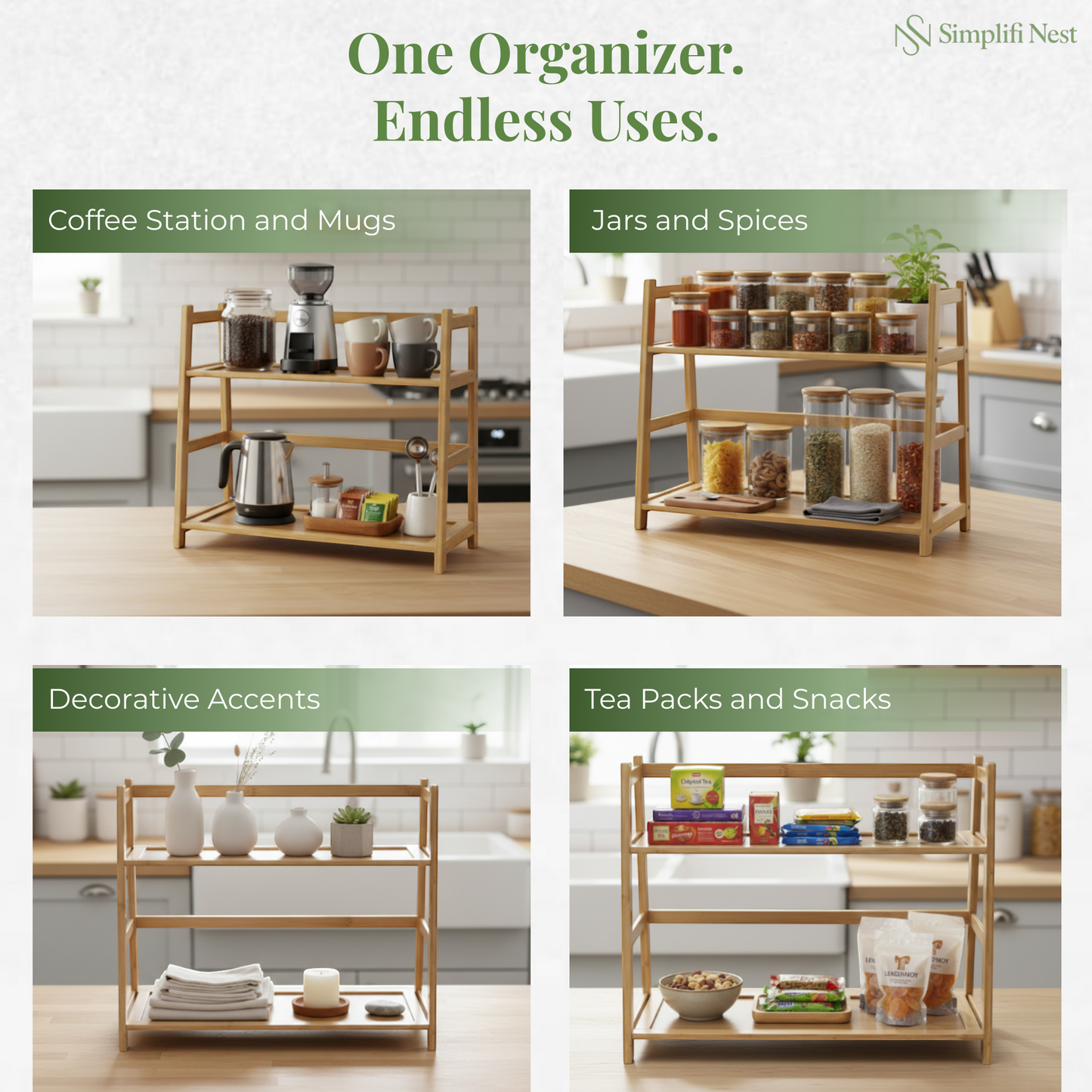 2-Tier Bamboo Countertop Rack — Kitchen, Bathroom & Desk Organizer