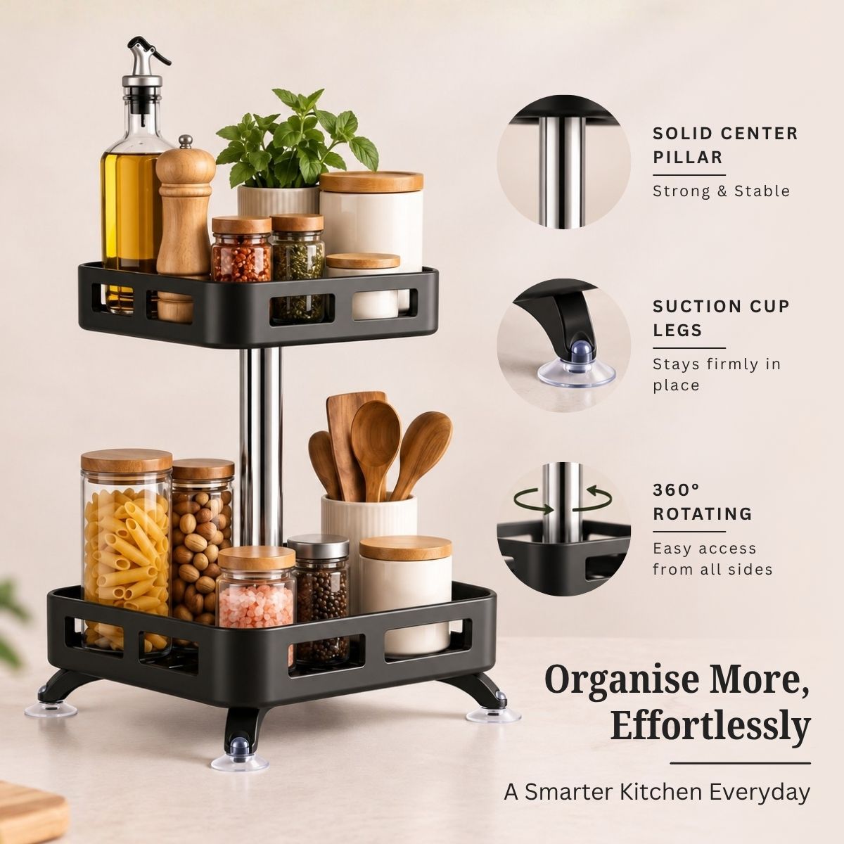 2-Tier Rectangular 360° Rotating Kitchen Rack | Stainless Steel | Spices, Jars & Masala Organizer