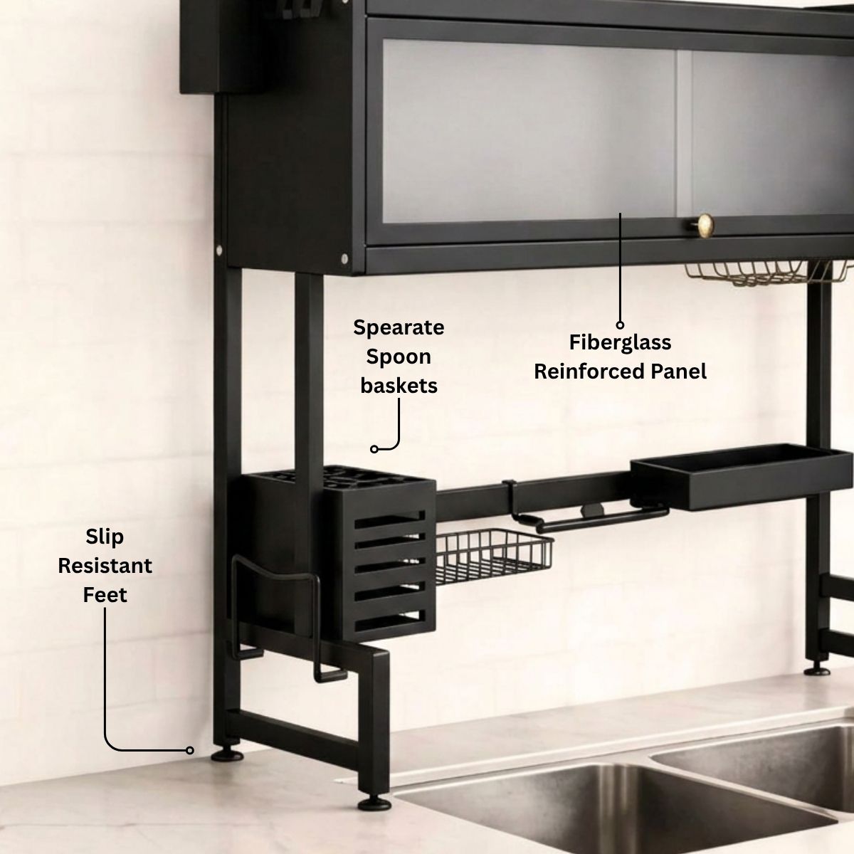 Over-Sink Dish Drying & Storage Rack with Frosted Cabinet Door | Fits Indian Sinks