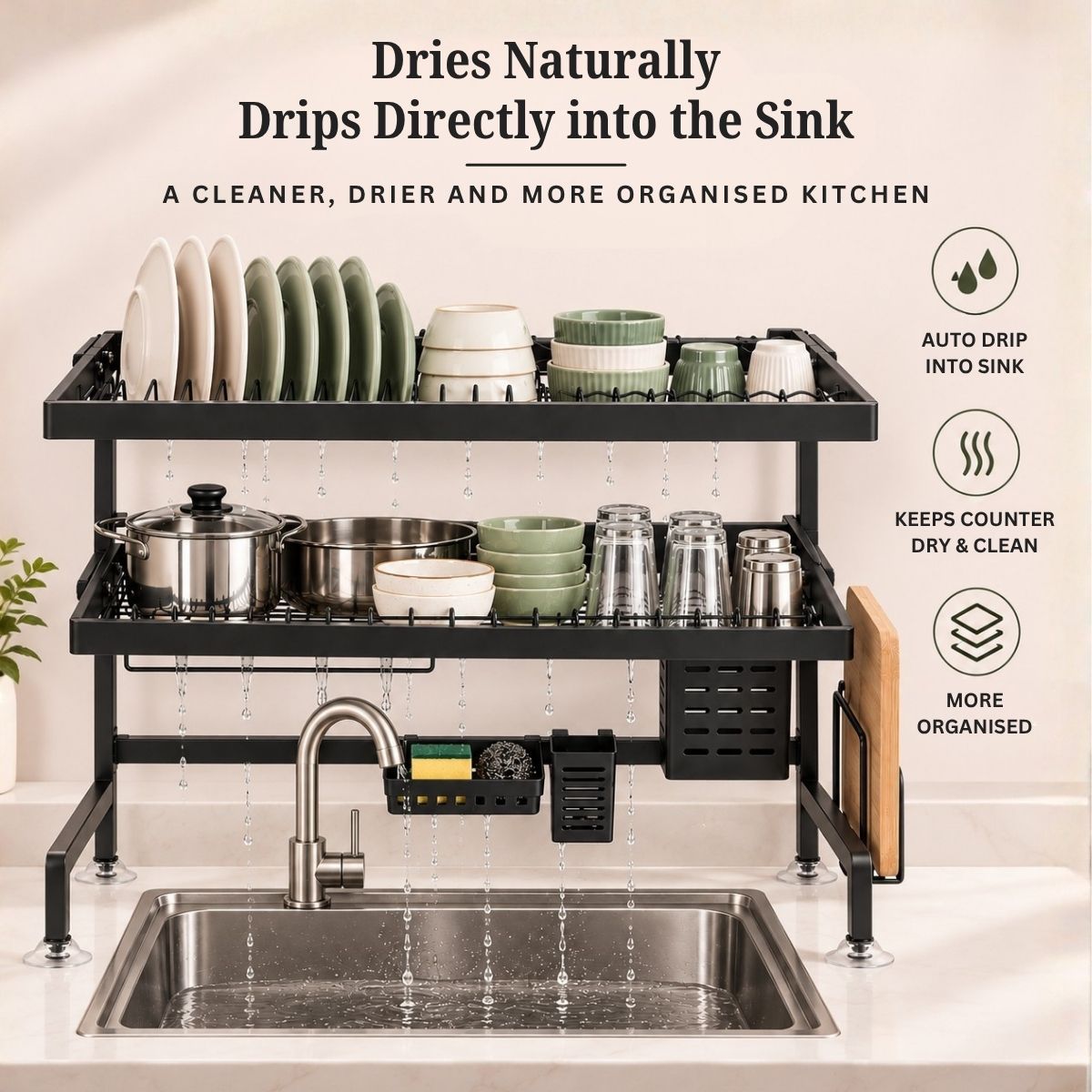 Stainless Steel Over-the-Sink Dish Rack & Bartan Stand | 65cm & 85cm | Multi-Compartment