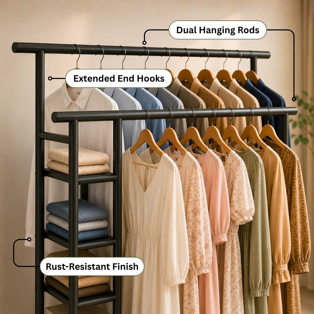 Premium Heavy Duty Double Clothing Rack with Storage Sections