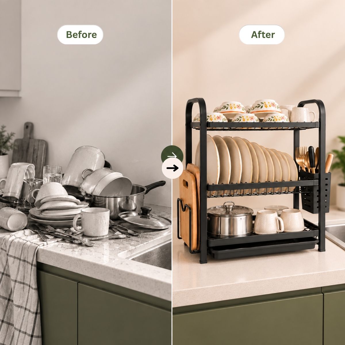 3-Tier Steel Dish Rack with Drip Tray - Black Matte | For Indian Kitchen Countertops