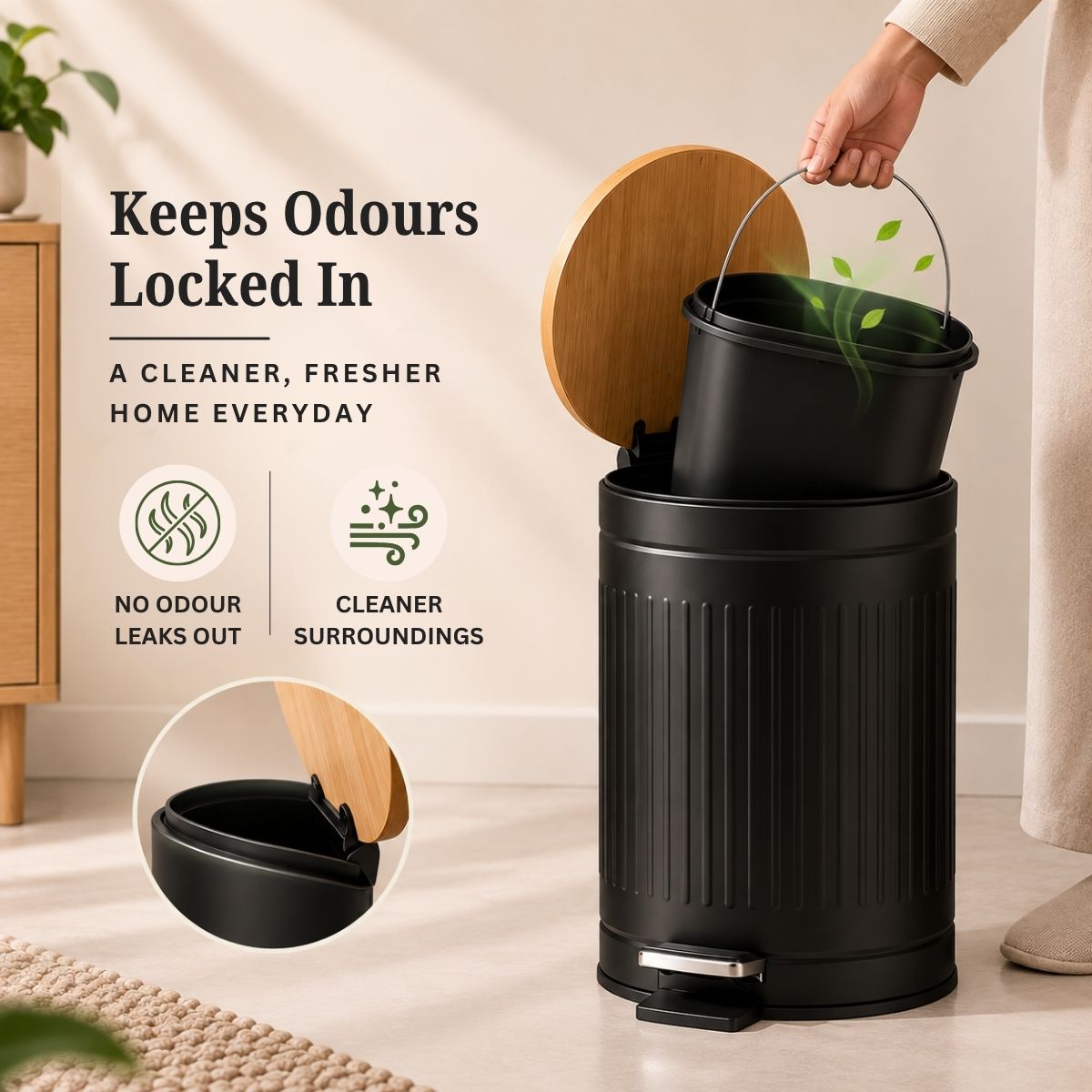 Metal Dustbin with Foot Pedal & Removable Bucket | Rust-Free Steel & Bamboo | 5L