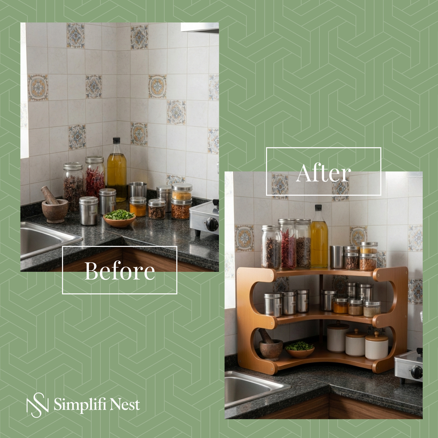 Indian Kitchen Corner Before After Organisation with Bamboo Rack – SimplifiNest