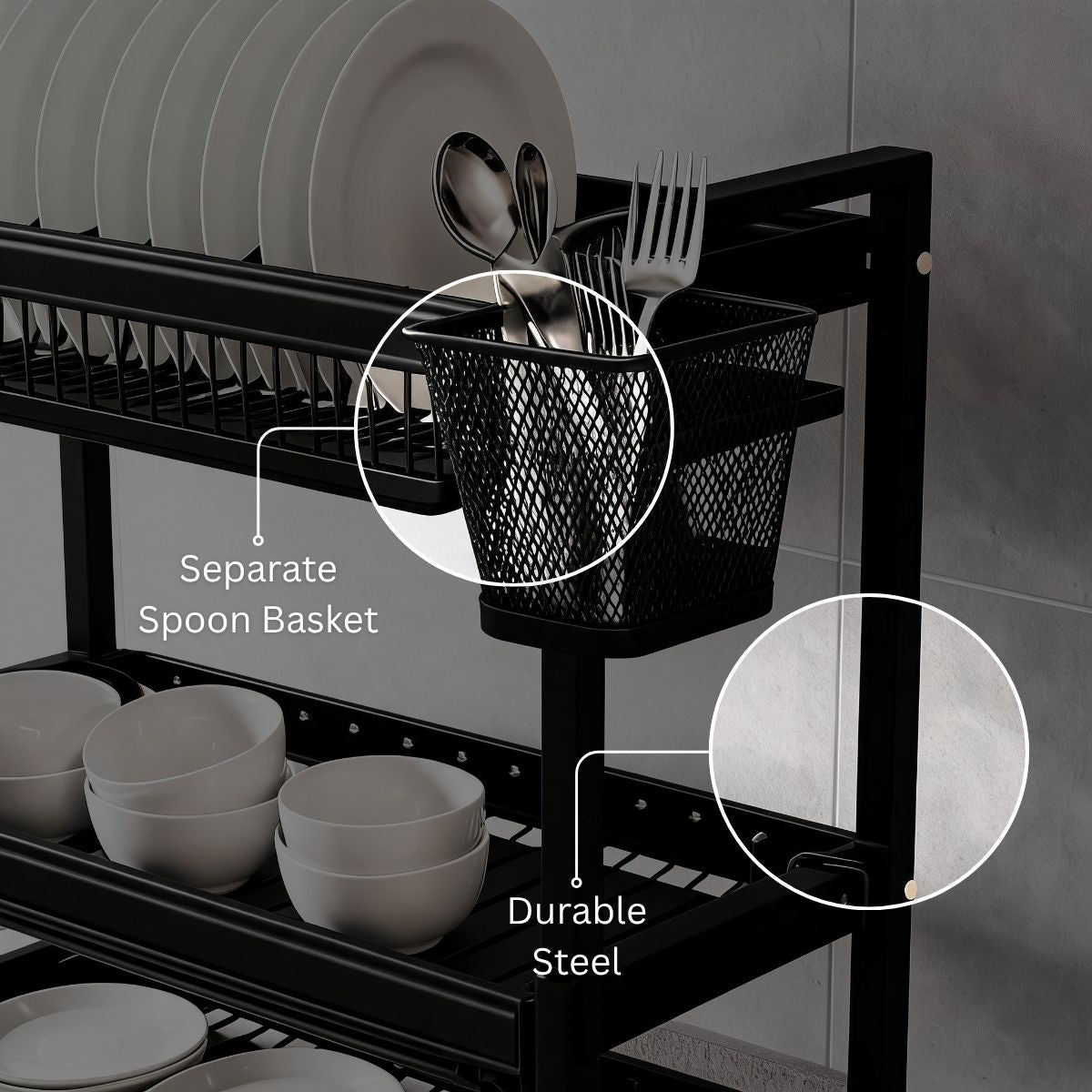 3-Tier Dish Drying Rack with 3 Removable Drip Trays & Utensil Basket | Black Powder-Coated Bartan Stand for Kitchen