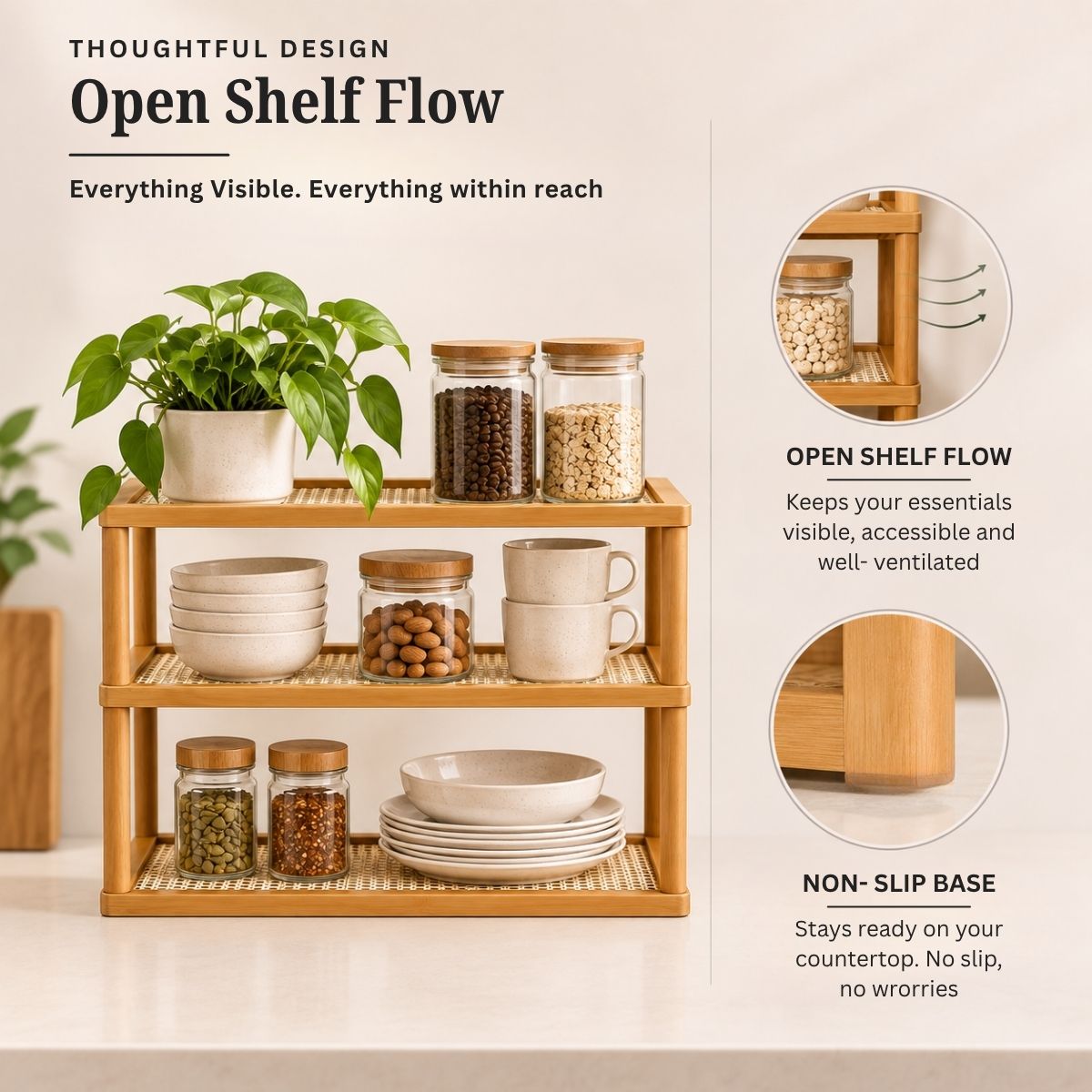 TriShelf Premium Bamboo Countertop Organizer Rack