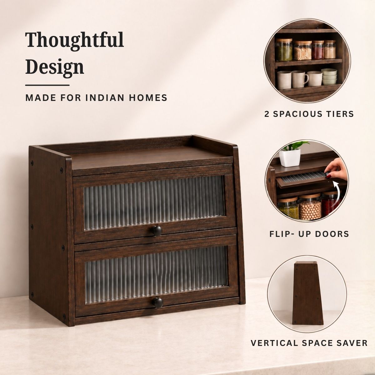 Bamboo Cabinet with Fluted Doors | Fits Under Wall Units | Spice & Cutlery Storage