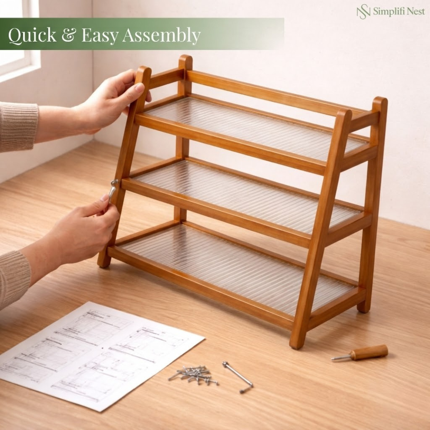 Modern Bamboo 3-Tier Countertop Organizer Rack | Fluted Fibre Glass Shelves