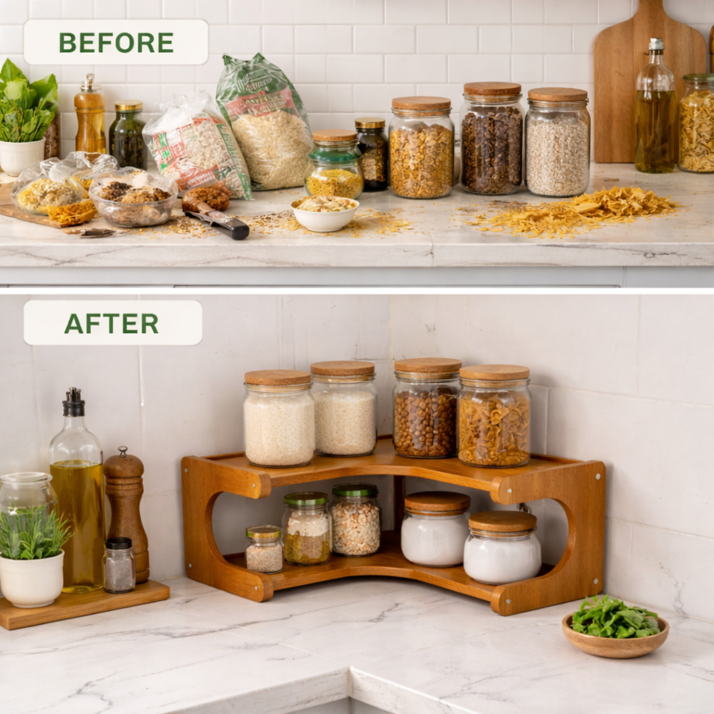 Indian Kitchen Corner Before After Organisation with Bamboo Rack – SimplifiNest