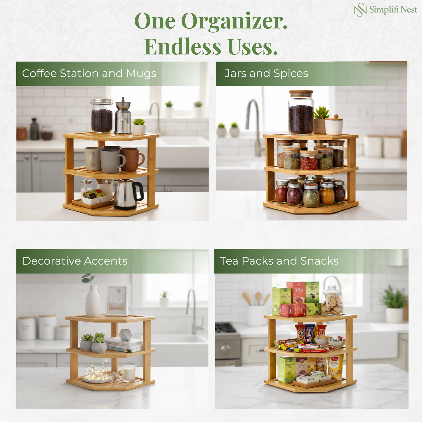 SimplifiNest Bamboo 3-Tier Corner Rack Loaded – Masala Spice Jars Oil Bottles Kitchen India