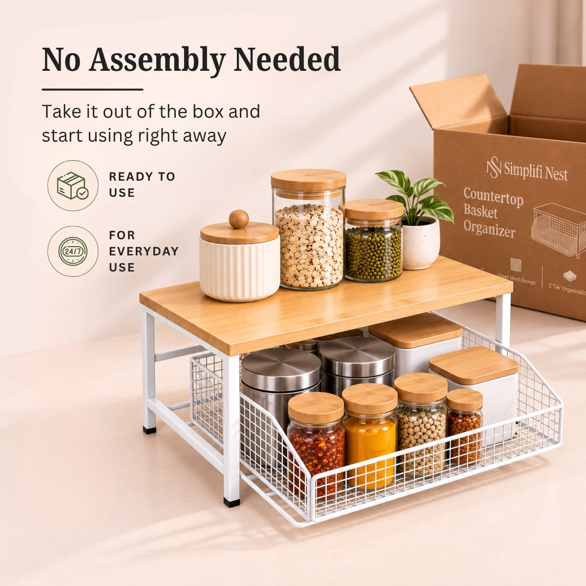 Premium Pine Wood Countertop Storage Organizer with Sliding Basket