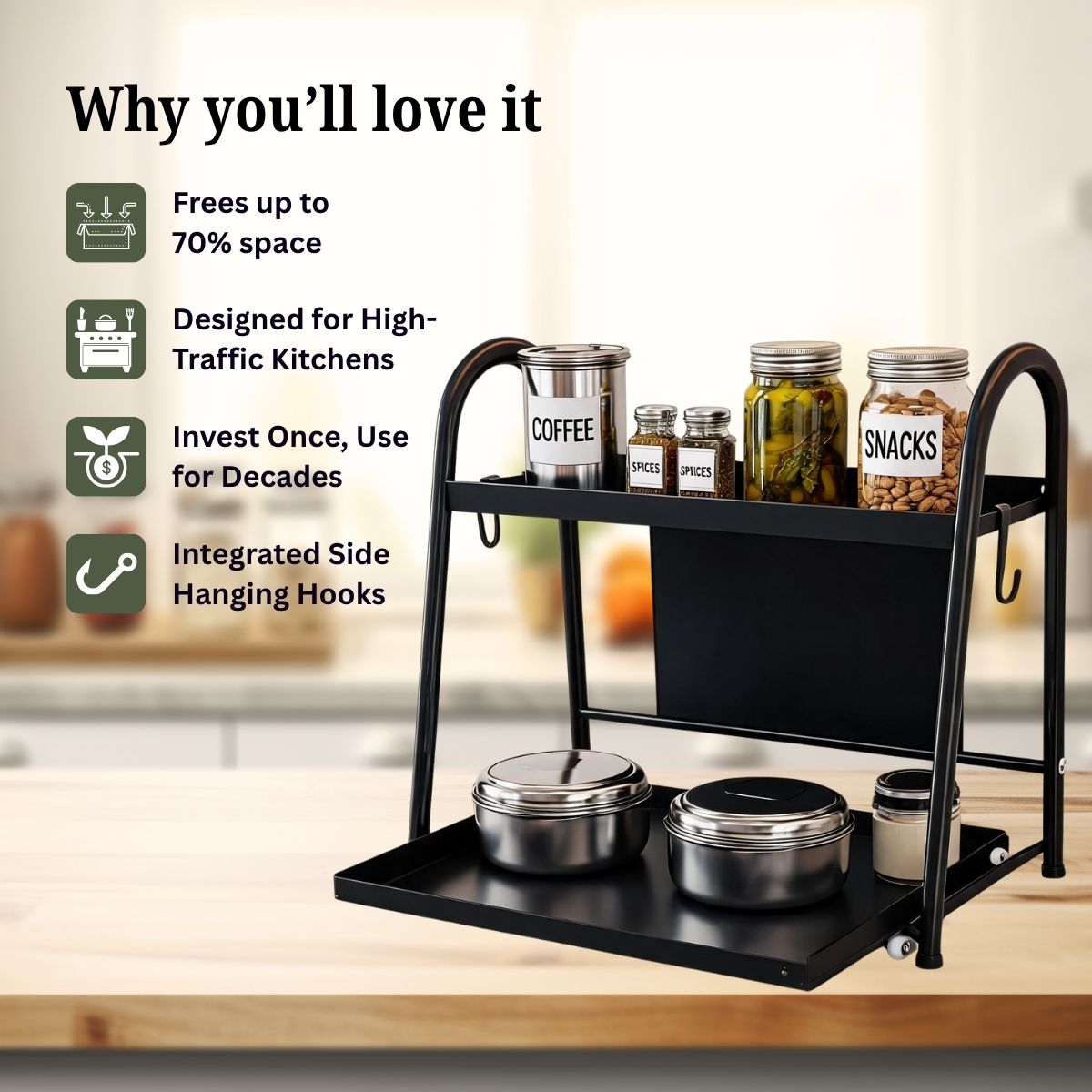2-Tier Sliding Pull-Out Kitchen Storage Rack | Stainless Steel | Spices, Jars & Masala Organizer