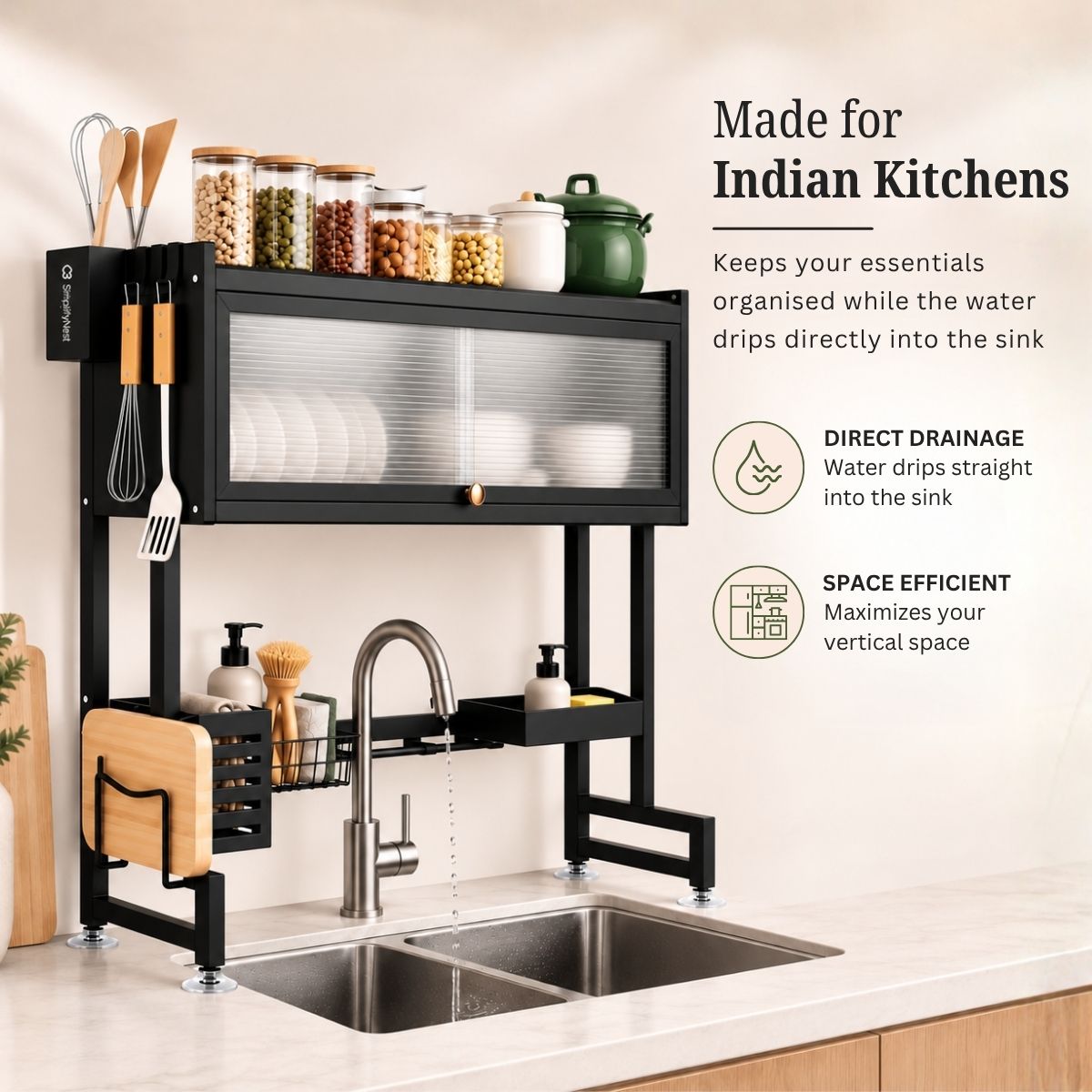 Over-Sink Dish Drying & Storage Rack with Frosted Cabinet Door | Fits Indian Sinks