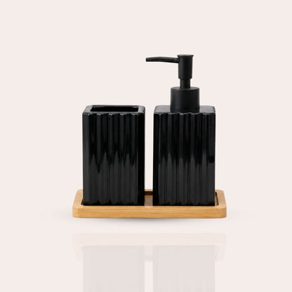 Ceramic Bathroom Set with Dispenser & Bamboo Tray