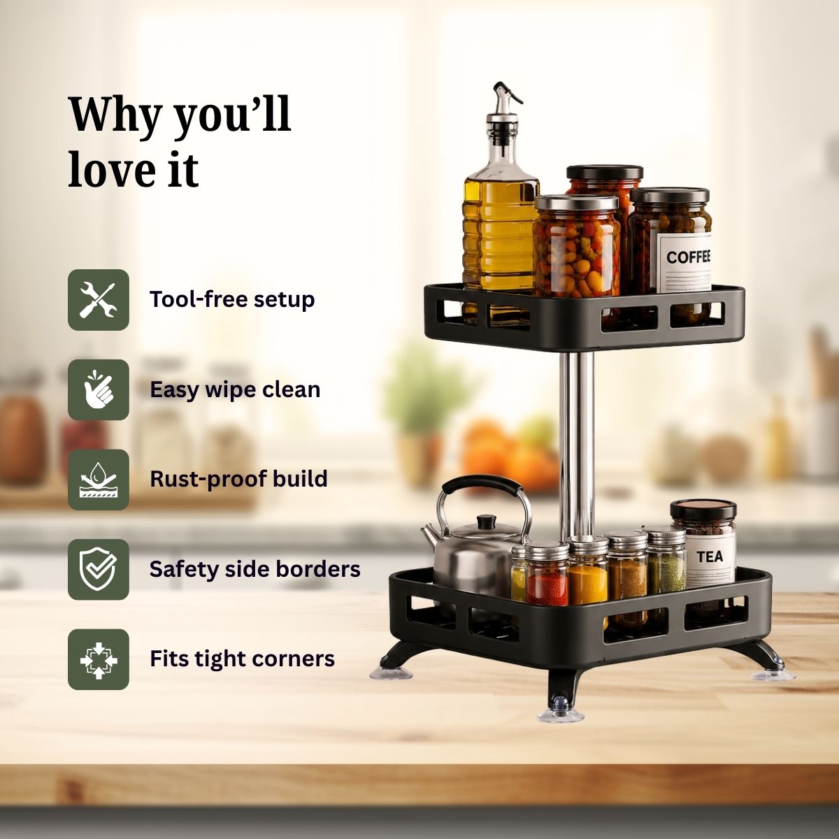 2-Tier Rectangular 360° Rotating Kitchen Rack | Stainless Steel | Spices, Jars & Masala Organizer