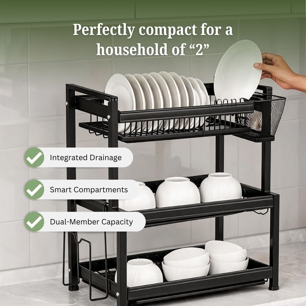 3-Tier Dish Drying Rack with 3 Removable Drip Trays & Utensil Basket | Black Powder-Coated Bartan Stand for Kitchen