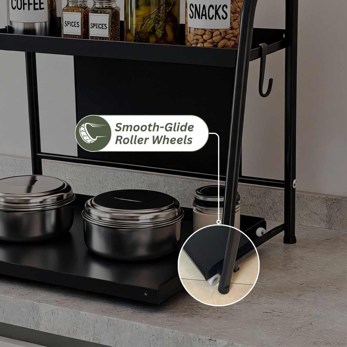 2-Tier Sliding Pull-Out Kitchen Storage Rack | Stainless Steel | Spices, Jars & Masala Organizer