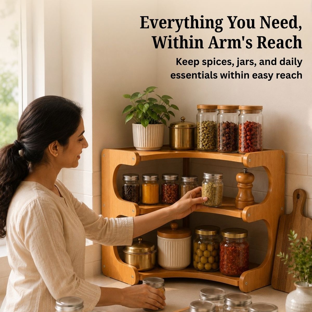 Bamboo 3-Tier & 2-Tier Corner Kitchen Rack | L-Shape Multi-Tier Organizer for Indian Kitchens