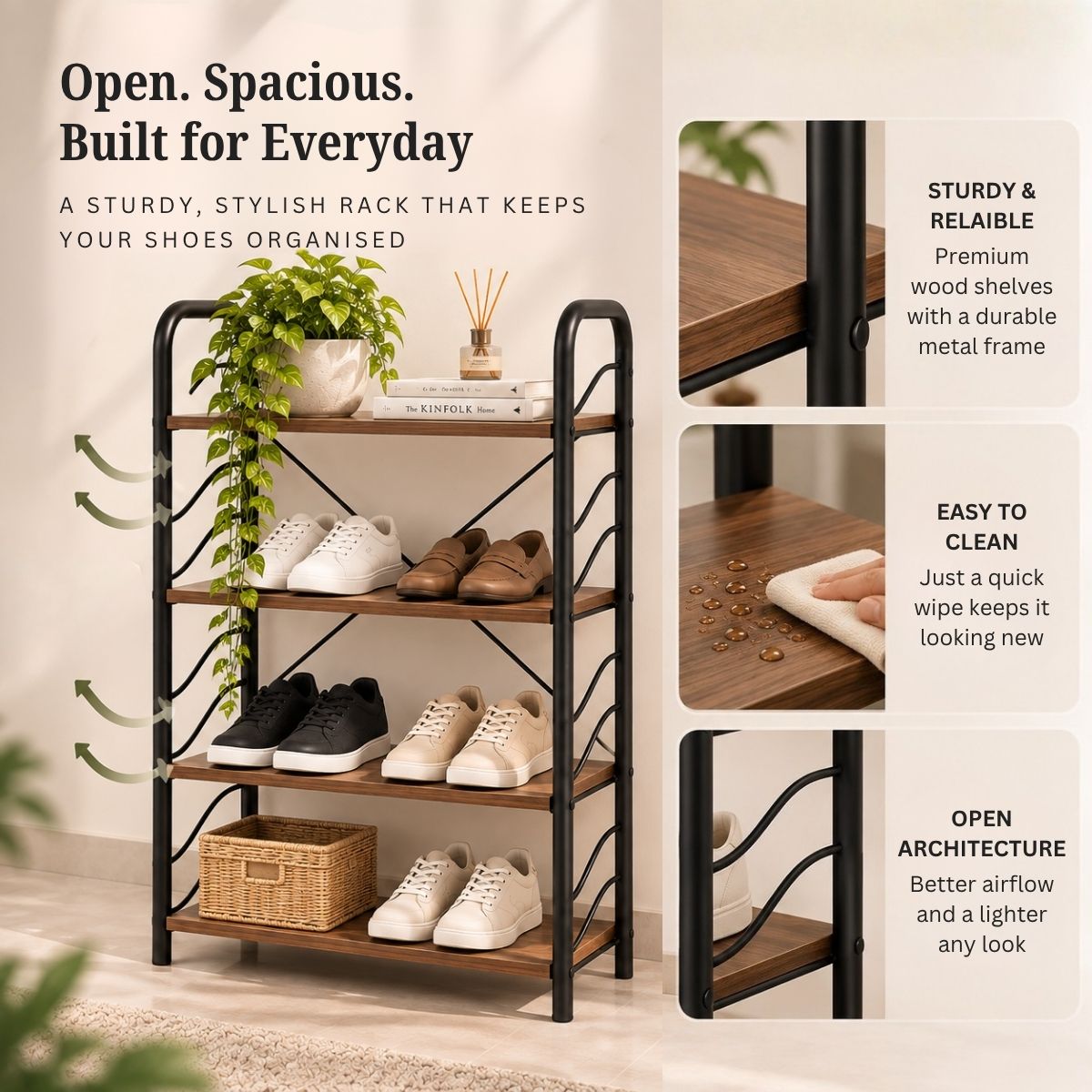 4-Tier Shoe Rack with Open Shelves | Wood & Metal Storage Organizer