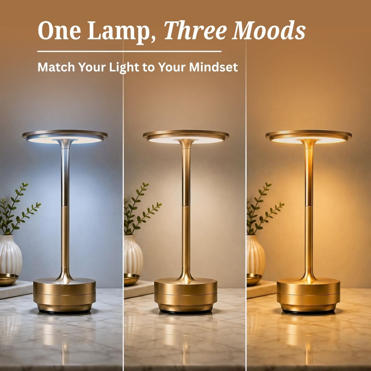 Rechargeable Cordless Metal Table Lamp | Touch Control | 3 Light Modes | Type-C | Heavy Base | 6–8 Hrs Battery